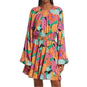 AMUR Gretal Multicolor Floral Balloon Sleeve Smocked Minidress Women's 0 NWT